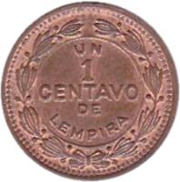 reverse of 1 Centavo (1974 - 1998) coin with KM# 77a from Honduras. Inscription: UN 1 CENTAVO DE LEMPIRA