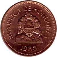 obverse of 1 Centavo (1988) coin with KM# 77b from Honduras. Inscription: REPUBLICA DE HONDURAS 1998