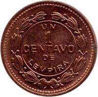 reverse of 1 Centavo (1988) coin with KM# 77b from Honduras. Inscription: UN 1 CENTAVO DE LEMPIRA