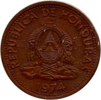 obverse of 2 Centavos (1974) coin with KM# 78a from Honduras. Inscription: REPUBLICA DE HONDURAS 1974 Repca de · honduras · libre · soberana · independiente. 15 septbre 1821 ·