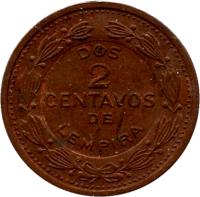reverse of 2 Centavos (1974) coin with KM# 78a from Honduras. Inscription: DOS 2 CENTAVOS DE LEMPIRA