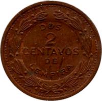 Honduras coin 2 Centavos (1974) reverse reverse of 2 Centavos (1974) coin with KM# 78a from Honduras. Inscription: DOS 2 CENTAVOS DE LEMPIRA