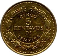 reverse of 5 Centavos (1993 - 1994) coin with KM# 72.3 from Honduras.