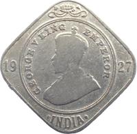 India coin 2 Annas - George V (1918 - 1936) obverse obverse of 2 Annas - George V (1918 - 1936) coin with KM# 516 from India. Inscription: GEORGE V KING EMPEROR 19 18 · INDIA ·