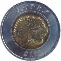 obverse of 1 Birr (2010) coin with KM# 78 from Ethiopia. Inscription: ኢትዮጵያ ፳፻፪