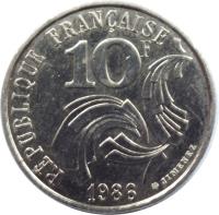 reverse of 10 Francs (1986) coin with KM# 959 from France. Inscription: RÉPUBLIQUE FRANÇAISE 10F 1986 JIMENEZ