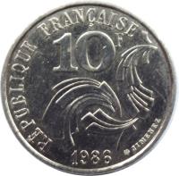 France coin 10 Francs (1986) reverse reverse of 10 Francs (1986) coin with KM# 959 from France. Inscription: RÉPUBLIQUE FRANÇAISE 10F 1986 JIMENEZ