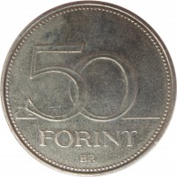 reverse of 50 Forint (1992 - 2011) coin with KM# 697 from Hungary. Inscription: 50 FORINT BP.