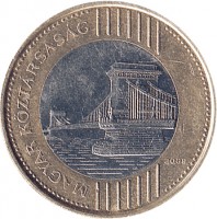 obverse of 200 Forint (2009 - 2011) coin with KM# 826 from Hungary. Inscription: MAGYAR KÖZTÁRSASÁG 2009