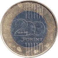 reverse of 200 Forint (2009 - 2011) coin with KM# 826 from Hungary. Inscription: 200 FORINT