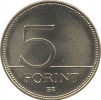 reverse of 5 Forint (2012 - 2017) coin with KM# 847 from Hungary. Inscription: 5 FORINT BP.