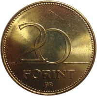 reverse of 20 Forint (2012 - 2015) coin with KM# 849 from Hungary. Inscription: 20 FORINT BP.