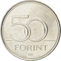 reverse of 50 Forint (2012 - 2017) coin with KM# 850 from Hungary. Inscription: 50 FORINT BP.