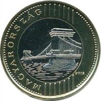 obverse of 200 Forint (2012 - 2017) coin with KM# 852 from Hungary. Inscription: MAGYARORSZÁG 2012