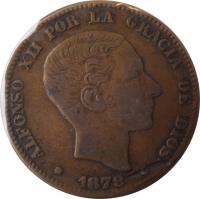 obverse of 10 Centimos - Alfonso XII (1877 - 1879) coin with KM# 675 from Spain. Inscription: ALFONSO XII POR LA GRACIA DE DIOS G.S. * 1879 *