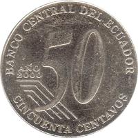 Ecuador coin 50 Centavos (2000) reverse reverse of 50 Centavos (2000) coin with KM# 108 from Ecuador. Inscription: BANCO CENTRAL DEL ECUADOR ANO 2000 CINCUENTA CENTAVOS