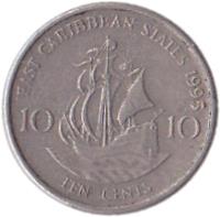 Eastern Caribbean States coin 10 Cents - Elizabeth II - 2'nd Portrait (1981 - 2000) reverse reverse of 10 Cents - Elizabeth II - 2'nd Portrait (1981 - 2000) coin with KM# 13 from Eastern Caribbean States. Inscription: EAST CARIBBEAN STATES 1987 10 10 TEN CENTS
