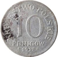 Poland coin 10 Fenigów (1917 - 1918) reverse reverse of 10 Fenigów (1917 - 1918) coin with Y# 6 from Poland. Inscription: KROLESTWO POLSKIE 10 FENIGÓW 1917