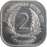 reverse of 2 Cents - Elizabeth II - 2'nd Portrait (1981 - 2000) coin with KM# 11 from Eastern Caribbean States. Inscription: EAST CARIBBEAN STATES 1992 2 TWO CENTS