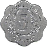 Eastern Caribbean States coin 5 Cents - Elizabeth II - 2'nd Portrait (1981 - 2000) reverse reverse of 5 Cents - Elizabeth II - 2'nd Portrait (1981 - 2000) coin with KM# 12 from Eastern Caribbean States. Inscription: EAST CARIBBEAN STATES 1995 5 FIVE CENTS