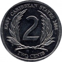 reverse of 2 Cents - Elizabeth II - 4'th Portrait (2002 - 2011) coin with KM# 35 from Eastern Caribbean States. Inscription: EAST CARIBBEAN STATES 2004 2 TWO CENTS