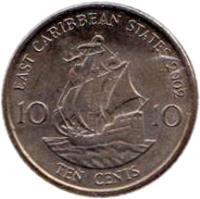 reverse of 10 Cents - Elizabeth II - 4'th Portrait (2002 - 2007) coin with KM# 37 from Eastern Caribbean States. Inscription: EAST CARIBBEAN STATES 2007 10 10 TEN CENTS