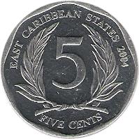 reverse of 5 Cents - Elizabeth II - 4'th Portrait (2002 - 2015) coin with KM# 36 from Eastern Caribbean States. Inscription: EAST CARIBBEAN STATES 2004 5 FIVE CENTS