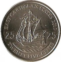 reverse of 25 Cents - Elizabeth II - 4'th Portrait (2002 - 2007) coin with KM# 38 from Eastern Caribbean States. Inscription: EAST CARIBBEAN STATES 2002 25 25 TWENTY FIVE CENTS