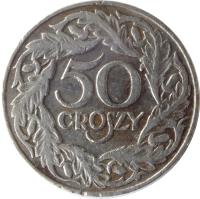 Poland coin 50 Groszy (1923) reverse reverse of 50 Groszy (1923) coin with Y# 13 from Poland. Inscription: 50 GROSZY