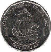 reverse of 1 Dollar - Elizabeth II - Magnetic; 4'th Portrait (2012 - 2015) coin with KM# 39a from Eastern Caribbean States. Inscription: EAST CARIBBEAN STATES 2012 1 1 ONE DOLLAR