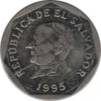 obverse of 25 Centavos (1992 - 1995) coin with KM# 157a from El Salvador. Inscription: REPÚBLICA DE EL SAVADOR 1995