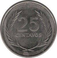 El Salvador coin 25 Centavos (1992 - 1995) reverse reverse of 25 Centavos (1992 - 1995) coin with KM# 157a from El Salvador. Inscription: 25 CENTAVOS