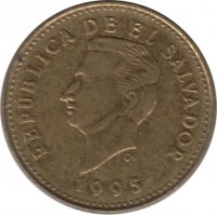 obverse of 1 Centavo (1995) coin with KM# 135.2c from El Salvador. Inscription: REPÚBLICA DE EL SAVADOR 1995