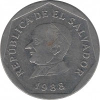 obverse of 25 Centavos (1988) coin with KM# 157 from El Salvador. Inscription: REPUBLICA DE EL SALVADOR 1988