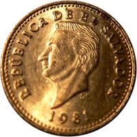 El Salvador coin 1 Centavo (1981) obverse obverse of 1 Centavo (1981) coin with KM# 135.2a from El Salvador. Inscription: REPÚBLICA DE EL SAVADOR 1981