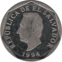 obverse of 5 Centavos (1992 - 1999) coin with KM# 154b from El Salvador. Inscription: REPUBLICA DE EL SALVADOR 1994