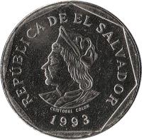 obverse of 1 Colón (1993 - 1999) coin with KM# 156b from El Salvador. Inscription: 1993