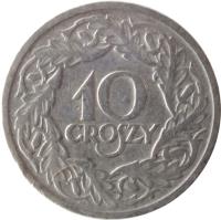 reverse of 10 Groszy (1923) coin with Y# 11 from Poland. Inscription: 10 GROSZY
