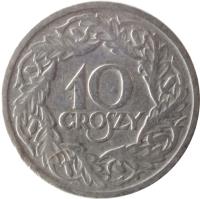 Poland coin 10 Groszy (1923) reverse reverse of 10 Groszy (1923) coin with Y# 11 from Poland. Inscription: 10 GROSZY
