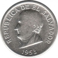 obverse of 50 Centavos (1953) coin with KM# 138 from El Salvador. Inscription: REPUBLICA DE EL SALVADOR 1953