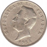 obverse of 10 Centavos (1952 - 1985) coin with KM# 130a from El Salvador. Inscription: REPÚBLICA DE EL SALVADOR 1985