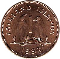 Falkland Islands coin 1 Penny - Elizabeth II - 2'nd Portrait (1974 - 1992) reverse reverse of 1 Penny - Elizabeth II - 2'nd Portrait (1974 - 1992) coin with KM# 2 from Falkland Islands. Inscription: FALKLAND ISLANDS 1 WG 1992