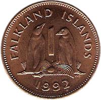 reverse of 1 Penny - Elizabeth II - 2'nd Portrait (1974 - 1992) coin with KM# 2 from Falkland Islands. Inscription: FALKLAND ISLANDS 1 WG 1992