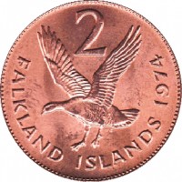 reverse of 2 Pence - Elizabeth II - 2'nd Portrait (1974 - 1992) coin with KM# 3 from Falkland Islands. Inscription: 2 WG FALKLAND ISLANDS 1998