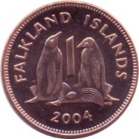 Falkland Islands coin 1 Penny - Elizabeth II - 4'th Portrait (2004 - 2011) reverse reverse of 1 Penny - Elizabeth II - 4'th Portrait (2004 - 2011) coin with KM# 130 from Falkland Islands. Inscription: FALKLAND ISLANDS 1 WG 2004