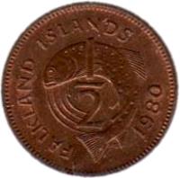 Falkland Islands coin 1/2 Penny - Elizabeth II - 2'nd Portrait (1974 - 1983) reverse reverse of 1/2 Penny - Elizabeth II - 2'nd Portrait (1974 - 1983) coin with KM# 1 from Falkland Islands. Inscription: FALKLAND ISLANDS 1 2 1974