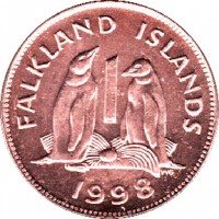 reverse of 1 Penny - Elizabeth II - 2'nd Portrait (1998 - 1999) coin with KM# 2a from Falkland Islands. Inscription: FALKLAND ISLANDS 1 WG 1998