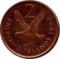 reverse of 2 Pence - Elizabeth II - 2'nd Portrait (1998 - 1999) coin with KM# 3a from Falkland Islands. Inscription: 2 WG FALKLAND ISLANDS 1998