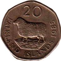 Falkland Islands coin 20 Pence - Elizabeth II - 2'nd Portrait (1982 - 1999) reverse reverse of 20 Pence - Elizabeth II - 2'nd Portrait (1982 - 1999) coin with KM# 17 from Falkland Islands. Inscription: 20 FALKLAND ISLANDS 1998