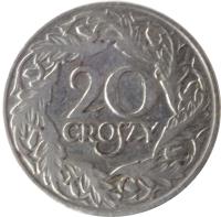 Poland coin 20 Groszy - Magnetic (1923) reverse reverse of 20 Groszy - Magnetic (1923) coin with Y# 12 from Poland. Inscription: 20 GROSZY